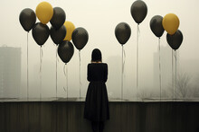 A Lone Person Holds A Group Of Black And Yellow Balloons Against A Background Of Dense Morning Fog Enveloping The City Skyline.