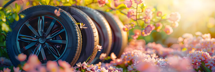 Wall Mural - summer tires in the blooming spring in the sun - time for summer tires