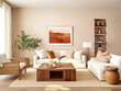 Scandinavian interior design of modern living room, home with shelf in peach wall.