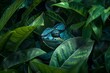 The elusive chameleon in 'Lush Labyrinth', maneuvering expertly through an entangled, dense jungle of leafy green plants, punctuated by glimpses of vibrant electric blue flashes among the foliage