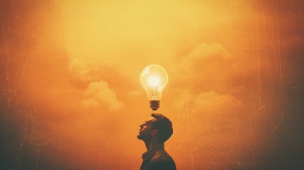 Wall Mural - A person with a lightbulb above their head, indicating the moment of inspiration and smart thinking. 