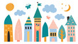 © Ann - Cute houses, city buildings in Scandinavian style. Cozy town for children, Scandi architecture. Fairy street with sun, cloud, moon and stars. Flat vector illustration isolated on white background