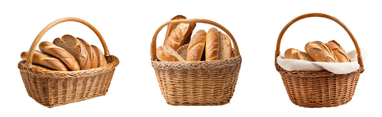 Poster - set of wicker basket of breads isolated on transparent background