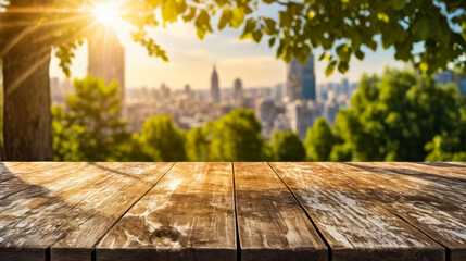 Canvas Print - Wooden bench in park with view of the city skyline and sunlight shining on it.