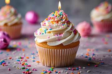 Sticker - Cupcake with white frosting and colored sprinkles on top.