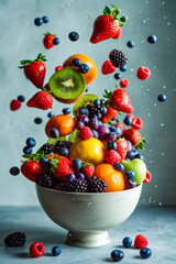 Poster - Bowl of fruit is being lifted off table by the force of the air around it.