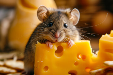 Canvas Print - Small mouse is sitting on top of piece of cheese.