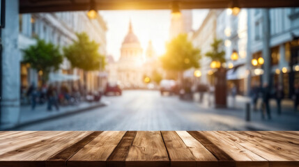 Sticker - Wooden bench is in front of street with car and large building in the background.