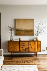 Poster - Wooden dresser with three drawers has two vases on top of it one containing flowers.