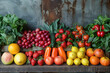 Fresh fruits and vegetables arranged on a wooden table
