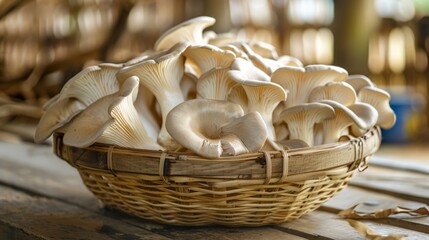 Canvas Print - Mushrooms in basket on table