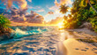 Caribbean Sunrise, Beautiful Beach Scene with Palm Trees, Perfect Start to a Tropical Day