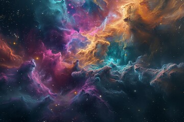 Wall Mural - A vibrant space scene featuring numerous stars and clouds against a colorful backdrop, A splash of galaxy colors intermingled into cosmic clouds, AI Generated