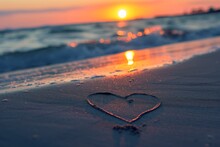 A Heart Shape Drawn In The Sand On A Beach With Footprints Leading Towards It, A Soft Focus Image Of A Heartbeat Line Etched Into A Sandy Beach During Sunset, AI Generated