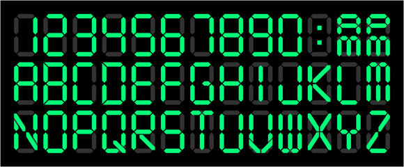 デジタル時計の英数字フォント緑セット