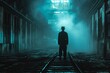 A man stands alone on a train track in the dark, illuminated only by the faint glow of nearby streetlights, A spectral train conductor forever waiting at an abandoned station, AI Generated