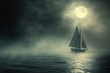 a sailboat gracefully floats on the water beneath the luminous glow of a full moon, a spectral sailb