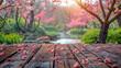 Wooden floor panels with a background of a pink cherry blossom garden.