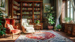 Classic Library Interior with Antique Books and Comfortable Reading Chairs, Vintage Elegance and Intellectual Ambiance