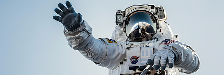 Wall Mural - An astronaut reaching out towards the viewer against a clear sky backdrop, symbolizing connection and exploration