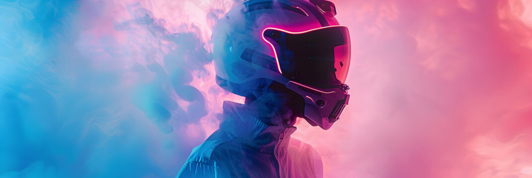 an ethereal silhouette of a helmeted character amidst swirling, neon-hued smoke evokes a feeling of 