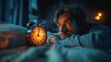 Fototapeta  - Adult man waking up in bed with a look of frustration as he turns off his alarm clock in a dimly-lit room.