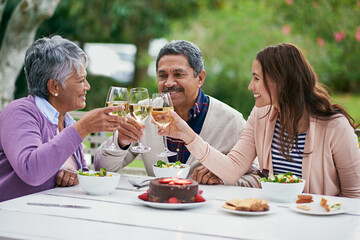 Poster - Senior, couple and daughter, outdoor and wine for celebration of anniversary of parents with food. Summer, relax and healthy diet, cake and lunch for brunch in backyard or garden, woman and family