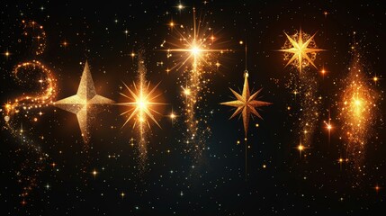 Aufkleber - An illustration template art design of illuminated stars with sparkles isolated on black background. Suitable as an illustration template art design, banner for Christmas celebrations, magic flash