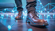 Stylish leather boots making a stride on a digitally connected floor, illuminated by a network of glowing nodes and lines, creating a futuristic and modern ambiance.