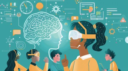 Poster - Group of People Standing in Front of Drawing of Brain