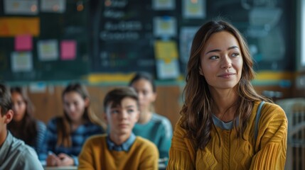 Poster - Young Asian Female Teacher Engaging Multiethnic Classroom Students in a Lesson