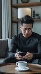 Aufkleber - Young Asian Man Browsing Smartphone in Cozy Cafe Setting During Daytime