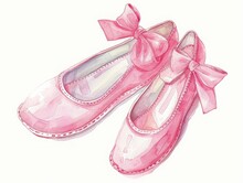 Cute Pastel Watercolor Illustration Of Soft Pink Ballet Shoes With Bow, Kids Book Style, Flatlay White Background