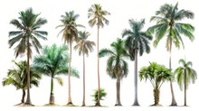 A Coconut Tree And Palm Tree Isolated On A White Background. Trees With Large Trunks Are Growing In The Summer.