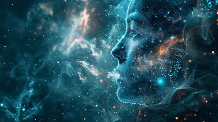 Aufkleber - Enigmatic Cyber Woman Merging with Cosmic Network - Digital Artwork