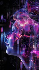 Poster - Futuristic Female Portrait Surrounded by Abstract Digital Patterns in a Neon-Tech World