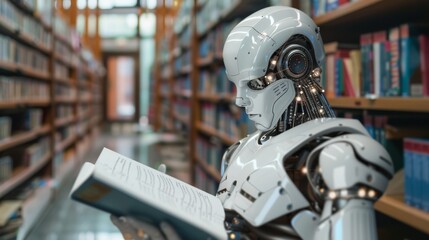 Poster - Robot Reading Book in Library