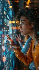 Leinwandbilder - Young African American Woman Interacting with Futuristic Interface at Night