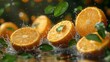 Modern illustration of falling oranges with leaves isolated on transparent background. Flying slices of oranges defocused in the air. Suitable for advertising fruit juices.