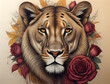 Kopf einer Löwin mit roter Rose