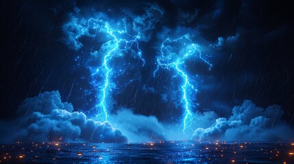 Aufkleber - Stormy weather symbol design element with lightning bolts on a black background. Powerful thunderstorm electricity discharge isolated on a black background. Blue thunderbolt flare. Lightning bolts