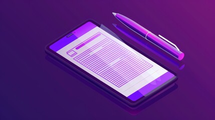 Poster - Online contract signing concept with shield and stylus pen on purple ultraviolet digital background, mobile document manager business concept modern illustration.