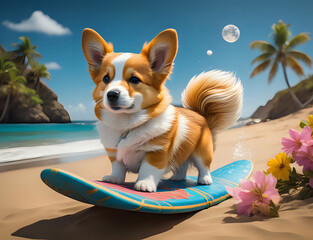 Wall Mural - Corgi Welpe am Strand auf einem Surfeboard