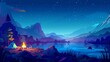 During the night, a couple is in a summer camp with a tent and a campfire. A modern cartoon landscape is shown across a natural parkland with a lake and mountains on the background. A picnic on the