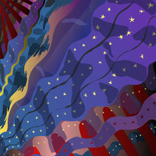 Abstract Backgrabstract Background Illustration In The Form Of Fabric Flags And Stars Where The Fabrics Wriggle And Stretch Across The Infinity Of The Horizon, Spreading Sway And Wave. Good Quality
