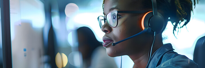 Canvas Print - African woman with headset working in call center