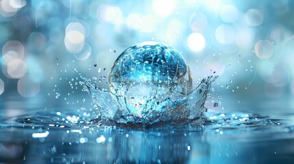 Poster - Liquid splash ball with drops on blue defocused background with bokeh. Earth safe and ecology protection concept. Water splashing sphere on blue defocused background with bokeh.