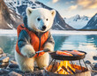 Adorable Chubby Polar Bear Kid Grilling Slices of Salmon by the Glacier Lake