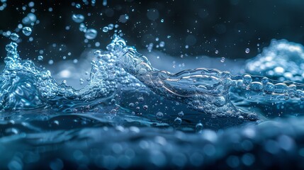 Canvas Print - On a black background, white oxygen air bubbles are flowing up on the surface of an underwater clear liquid.