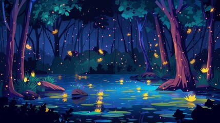 Wall Mural - Modern cartoon illustration of swamp, water lilies, tree trunks, and rocks. Illustration depicting a swamp, water lily, tree trunk, and rock in a tropical forest at night.